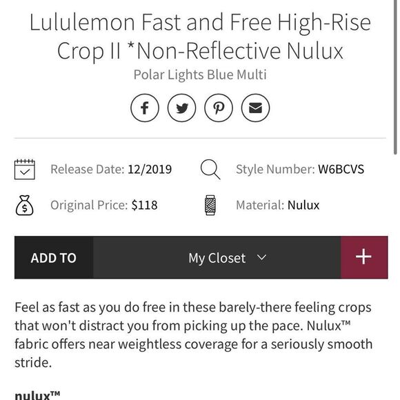 Lululemon Fast and Free High-Rise 19” Crop Nulux
Polar Lights Blue Multi - Picture 6 of 13